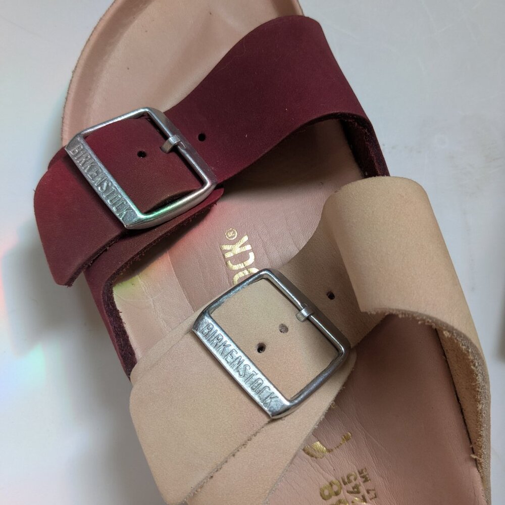 Birkenstock Two-Tone Adjustable Buckle Sandals in Burgundy and Beige - Picture 10 of 13
